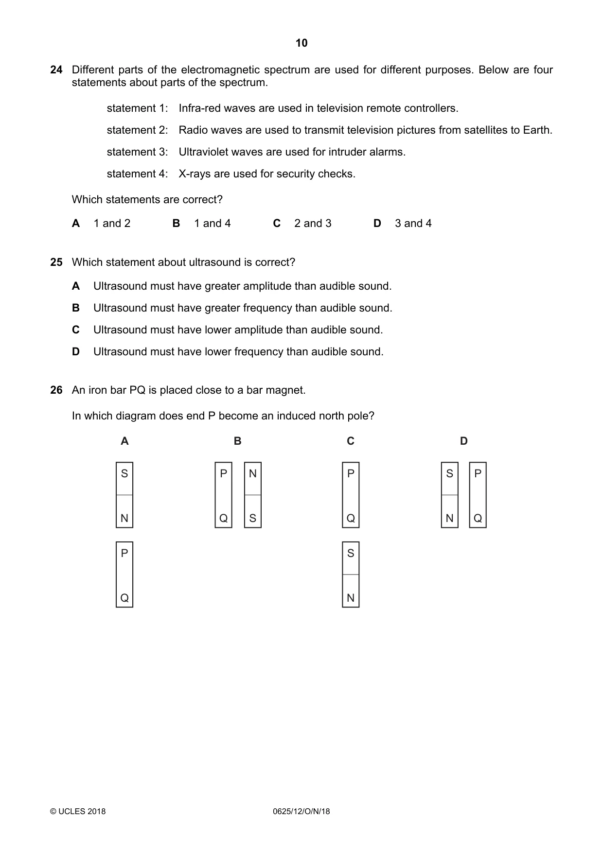 Cambridge IGCSE Physics 0625 2018 Oct/Nov Paper 1 · Variant 2 question paper, page 10 of 16