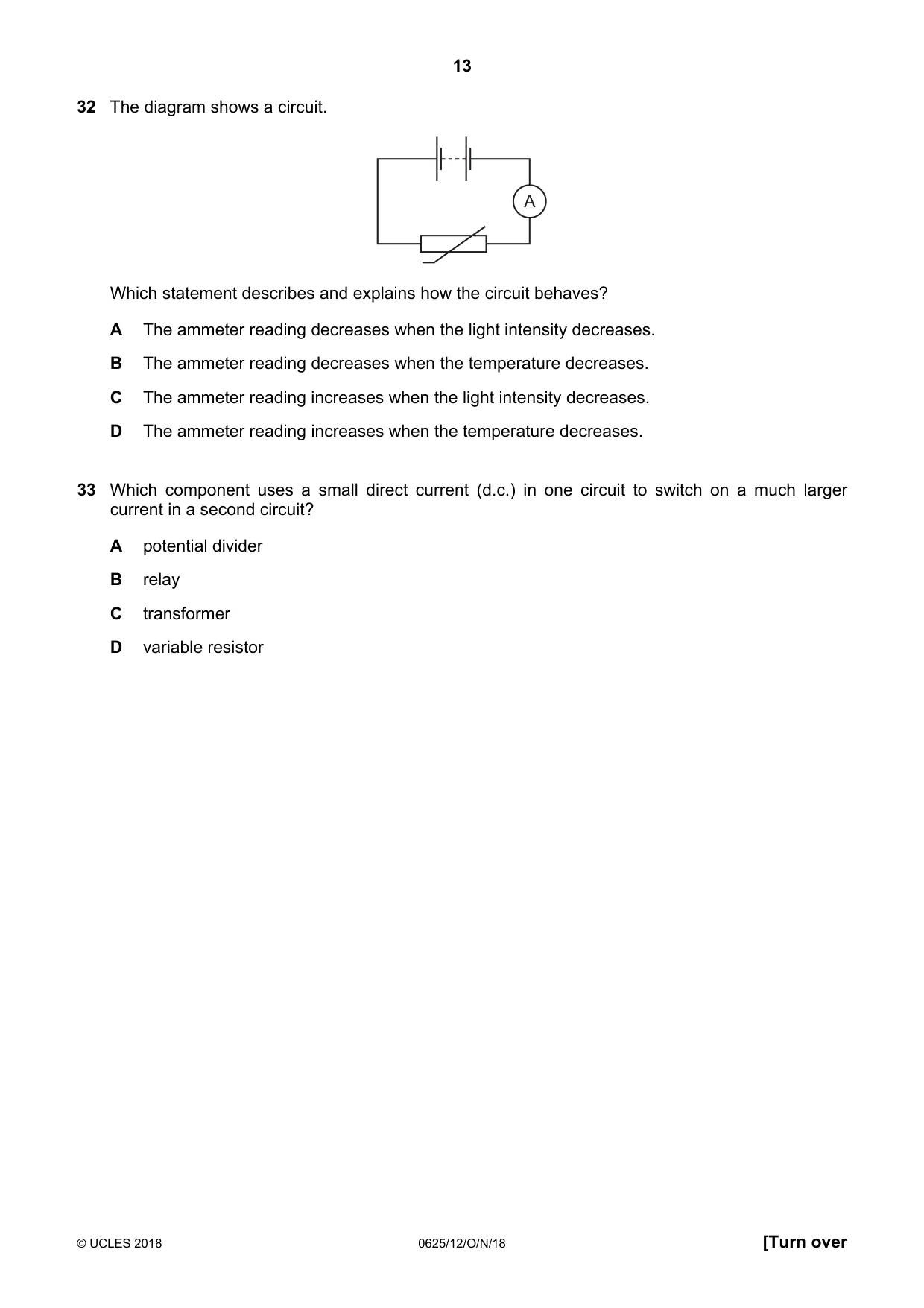 Cambridge IGCSE Physics 0625 2018 Oct/Nov Paper 1 · Variant 2 question paper, page 13 of 16