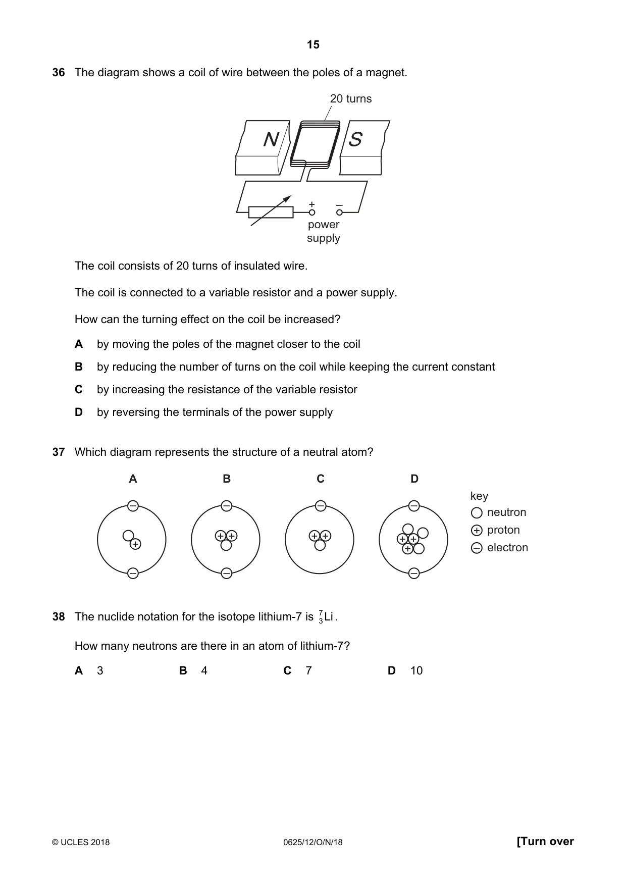 Cambridge IGCSE Physics 0625 2018 Oct/Nov Paper 1 · Variant 2 question paper, page 15 of 16