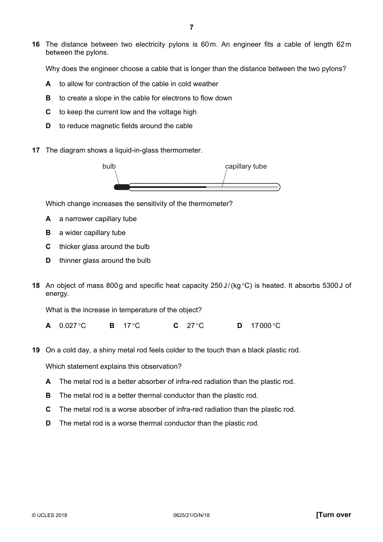 Cambridge IGCSE Physics 0625 2018 Oct/Nov Paper 2 · Variant 1 question paper, page 7 of 16