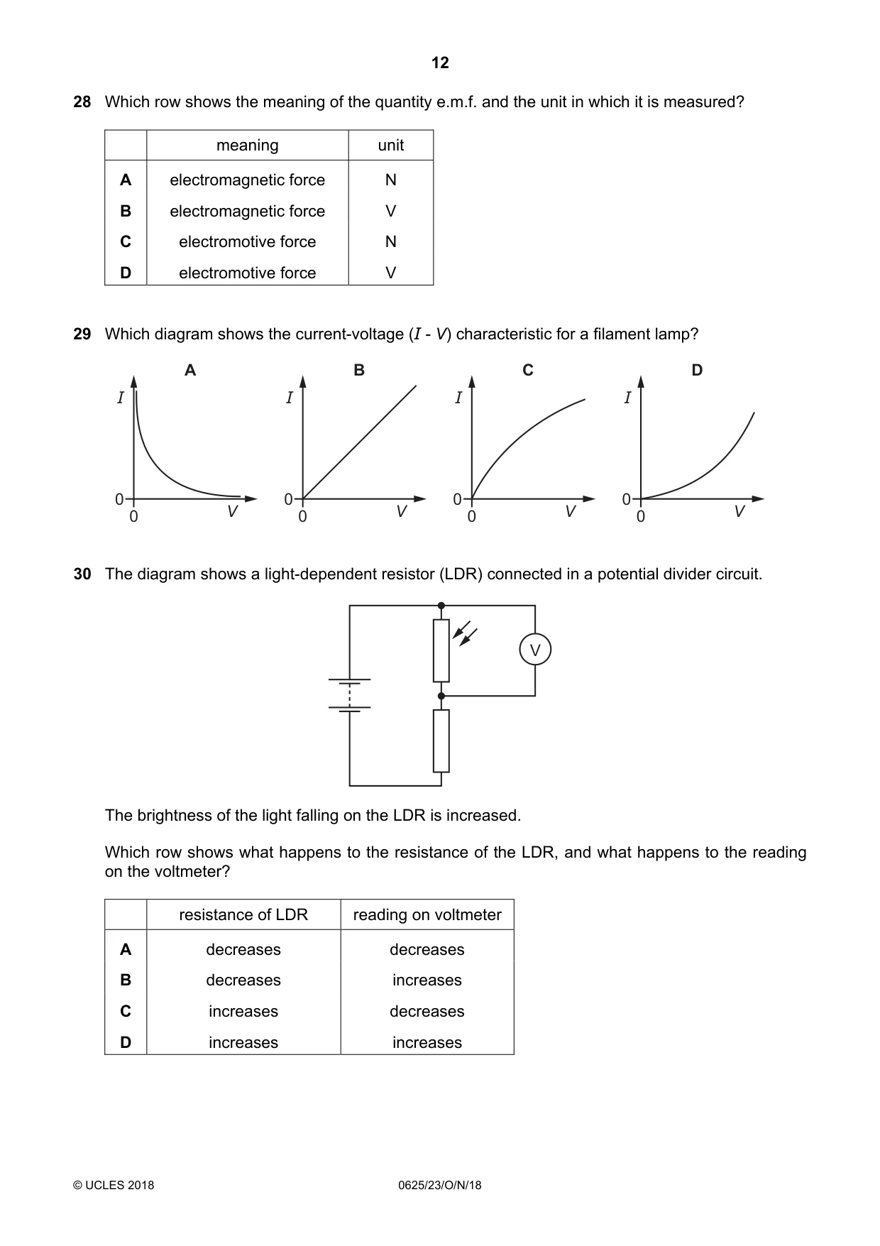 Cambridge IGCSE Physics 0625 2018 Oct/Nov Paper 2 · Variant 3 question paper, page 12 of 16