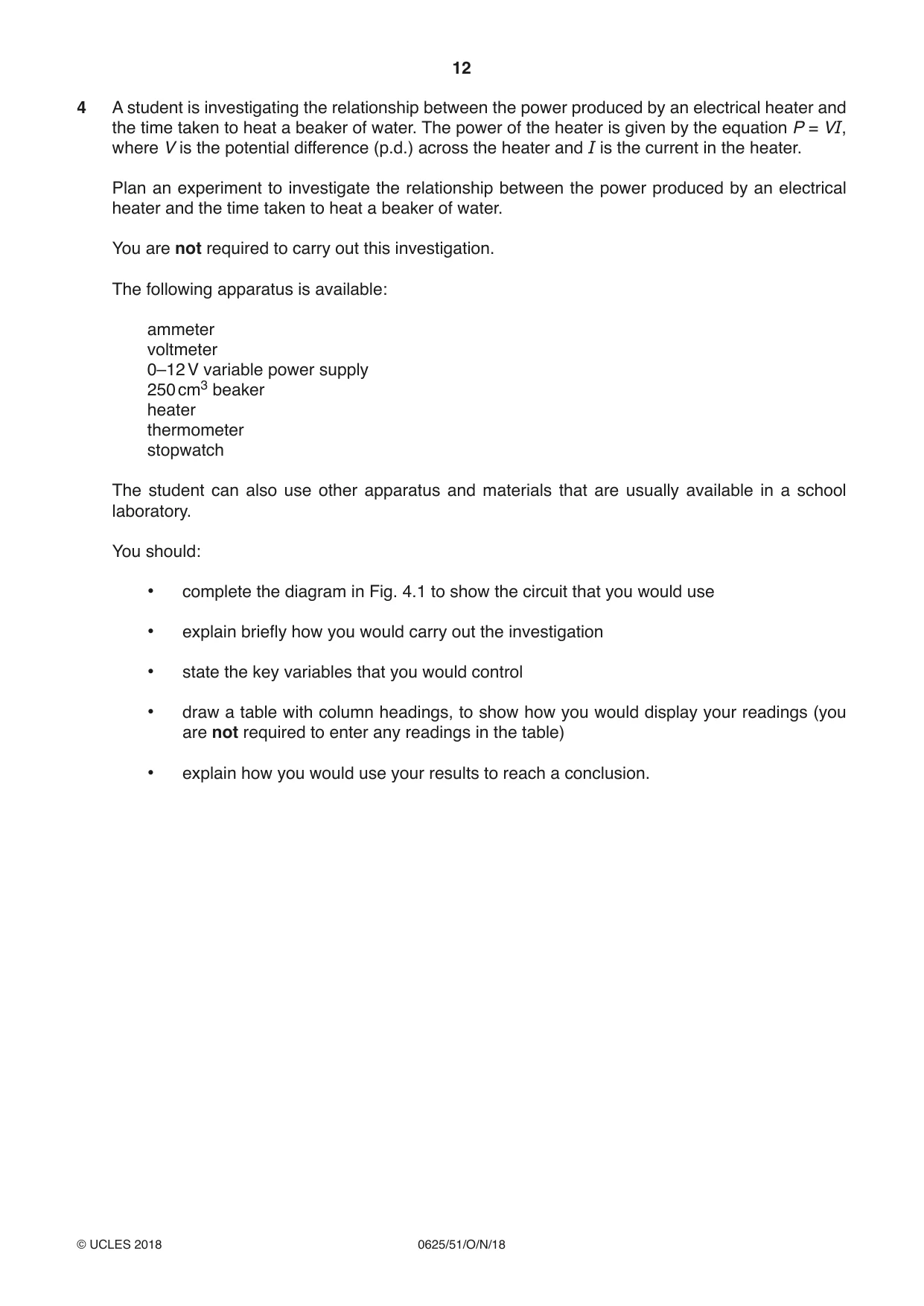 Cambridge IGCSE Physics 0625 2018 Oct/Nov Paper 5 · Variant 1 question paper, page 12 of 16