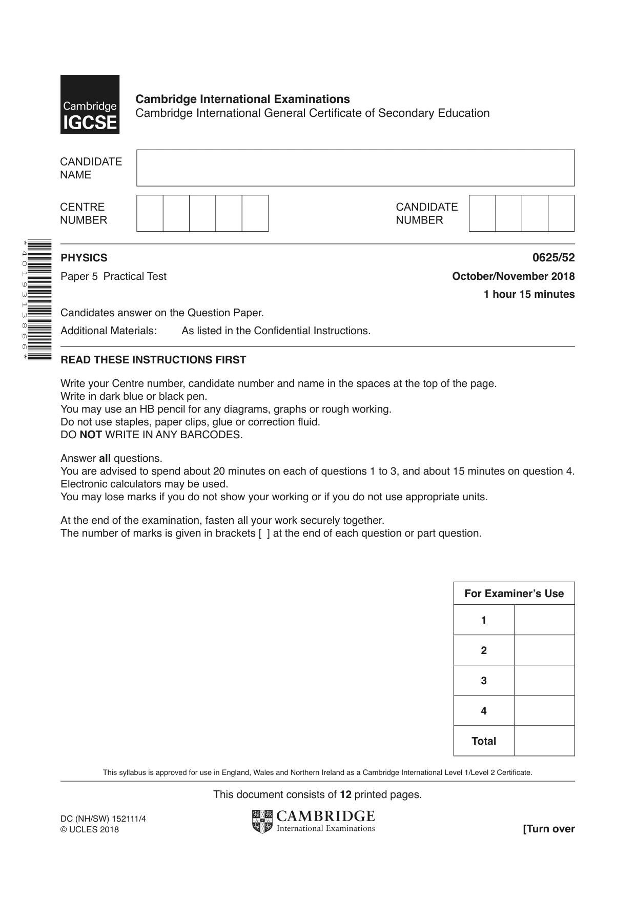 Cambridge IGCSE Physics 0625 2018 Oct/Nov Paper 5 · Variant 2 question paper, page 1 of 12
