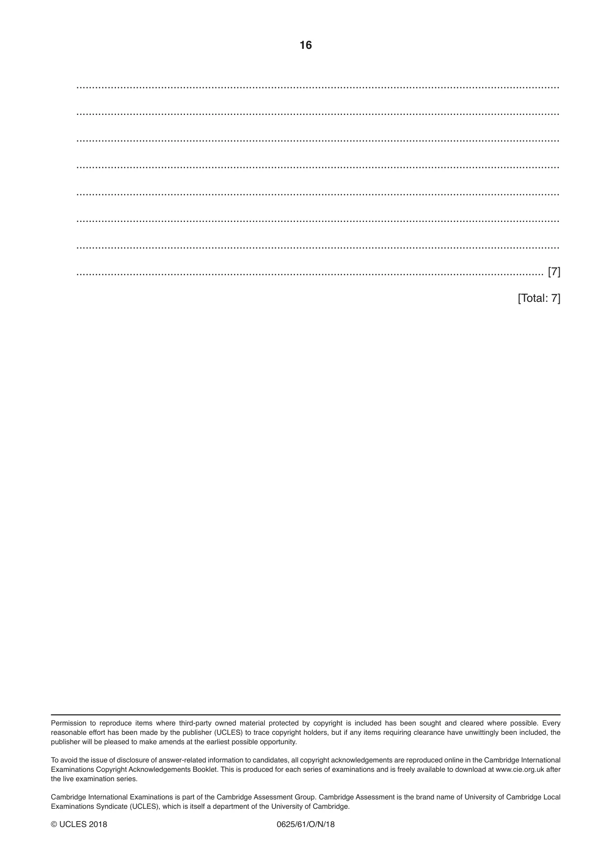 Cambridge IGCSE Physics 0625 2018 Oct/Nov Paper 6 · Variant 1 question paper, page 16 of 16
