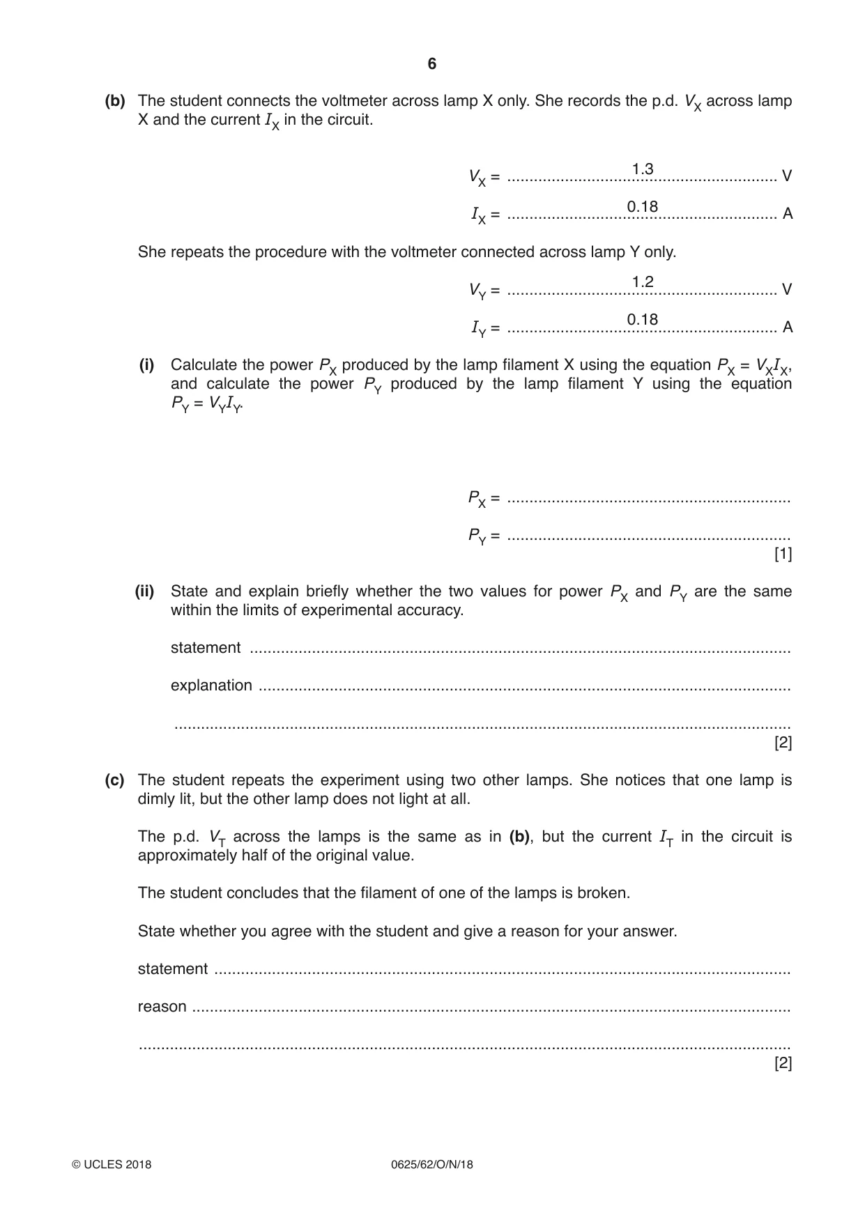 Cambridge IGCSE Physics 0625 2018 Oct/Nov Paper 6 · Variant 2 question paper, page 6 of 12