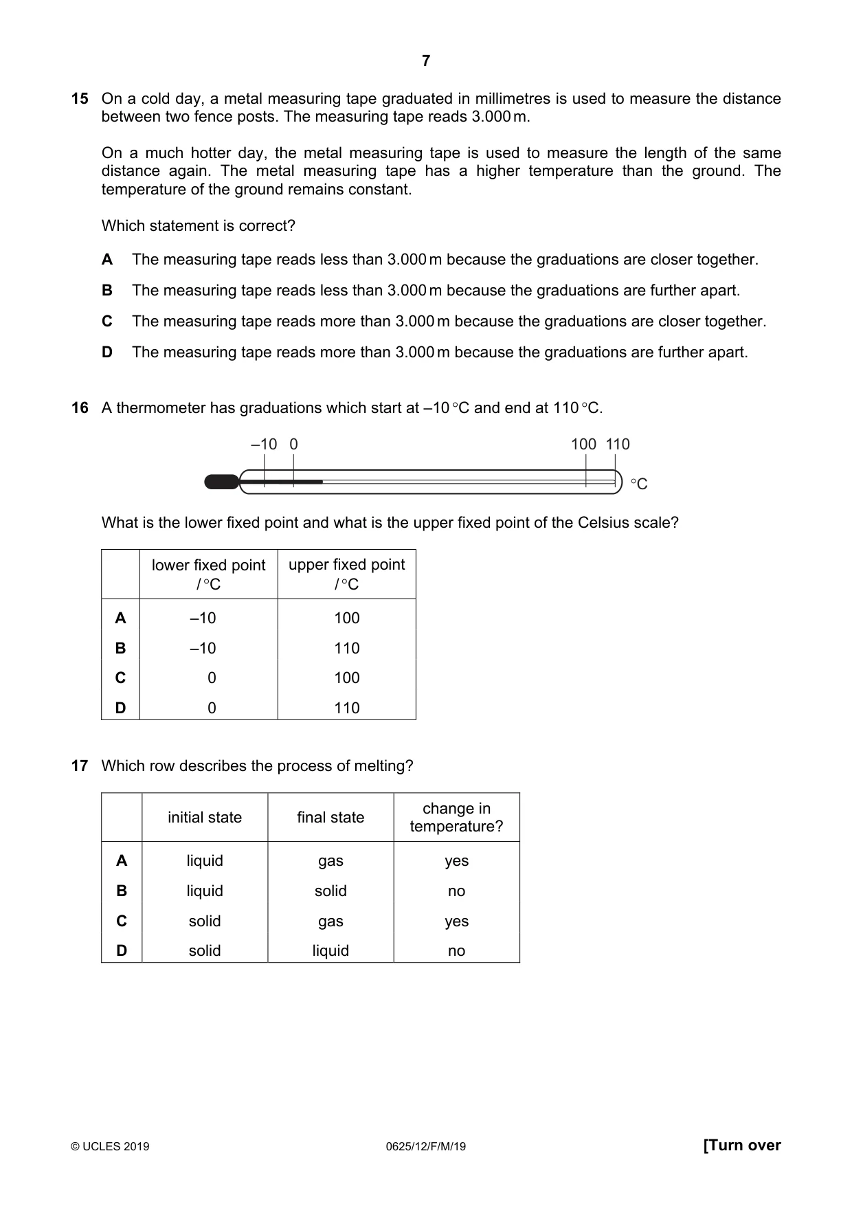 Cambridge IGCSE Physics 0625 2019 Feb/March Paper 1 · Variant 2 question paper, page 7 of 16