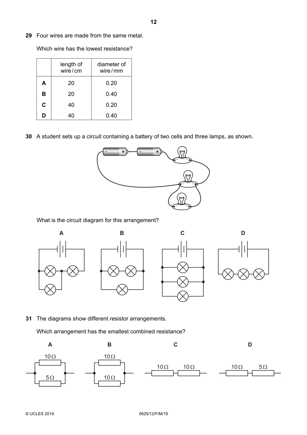 Cambridge IGCSE Physics 0625 2019 Feb/March Paper 1 · Variant 2 question paper, page 12 of 16