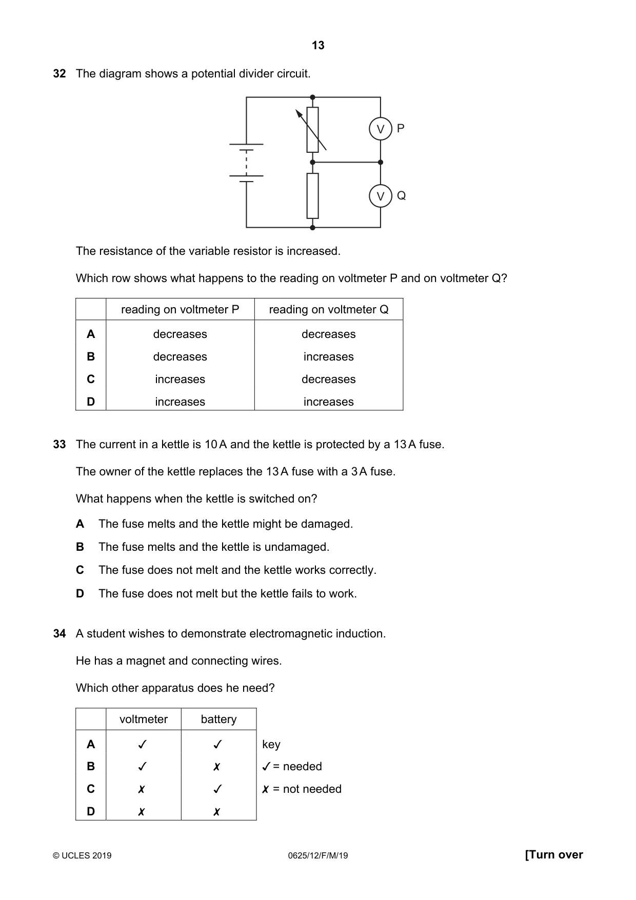 Cambridge IGCSE Physics 0625 2019 Feb/March Paper 1 · Variant 2 question paper, page 13 of 16