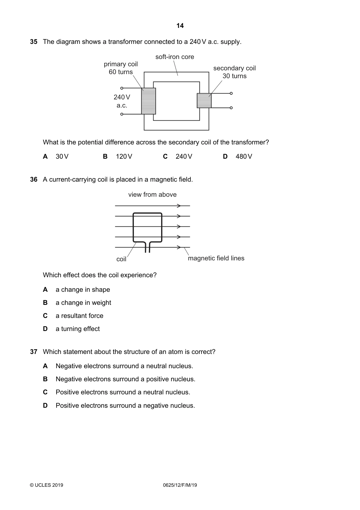 Cambridge IGCSE Physics 0625 2019 Feb/March Paper 1 · Variant 2 question paper, page 14 of 16