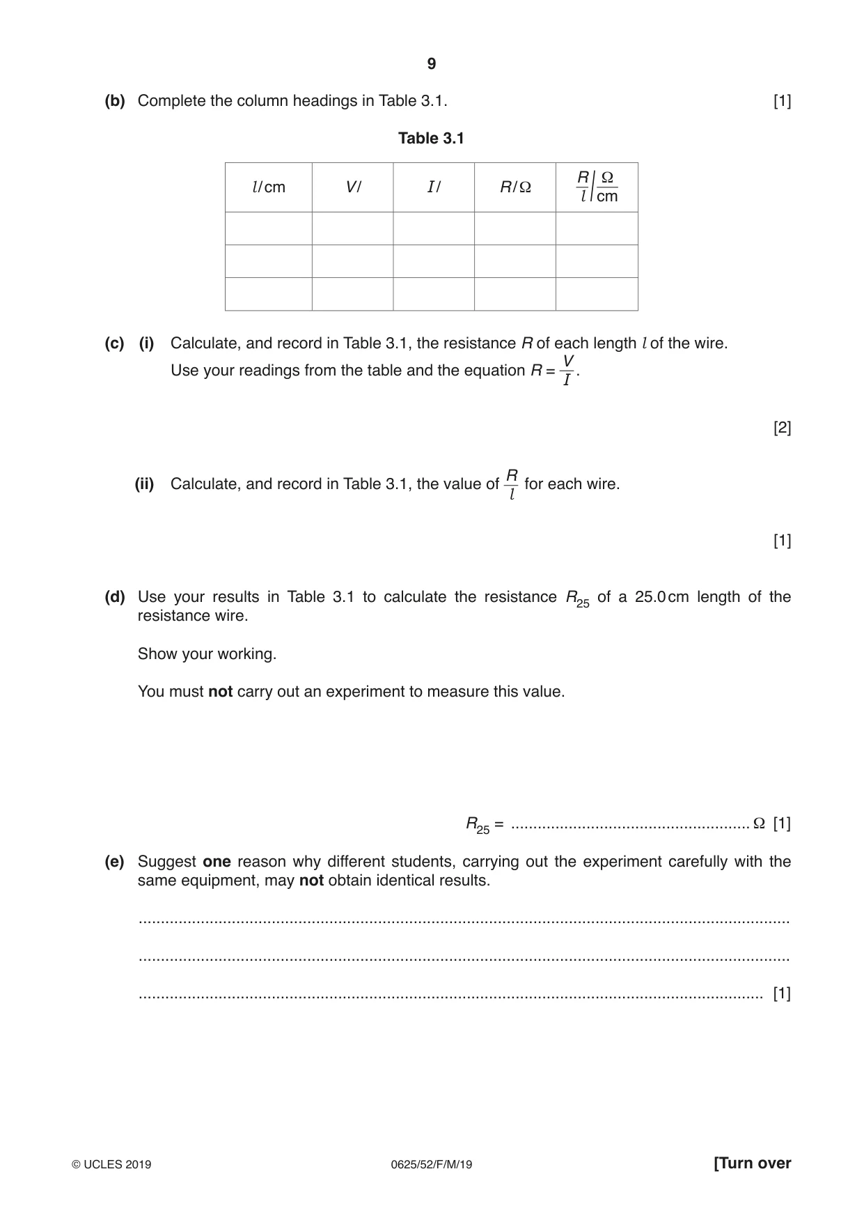 Cambridge IGCSE Physics 0625 2019 Feb/March Paper 5 · Variant 2 question paper, page 9 of 12