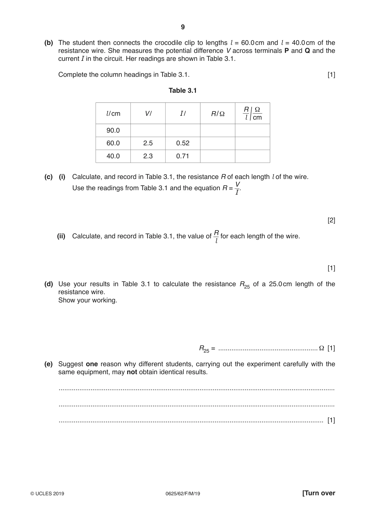 Cambridge IGCSE Physics 0625 2019 Feb/March Paper 6 · Variant 2 question paper, page 9 of 12