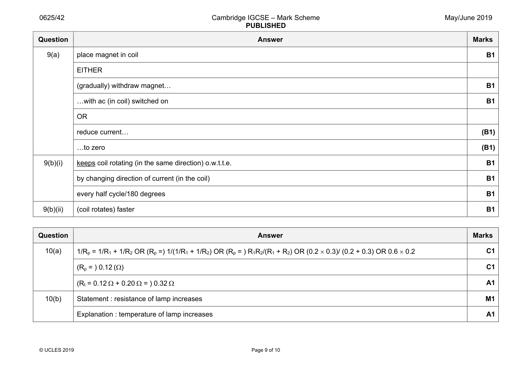 Mark scheme, page 9 of 10
