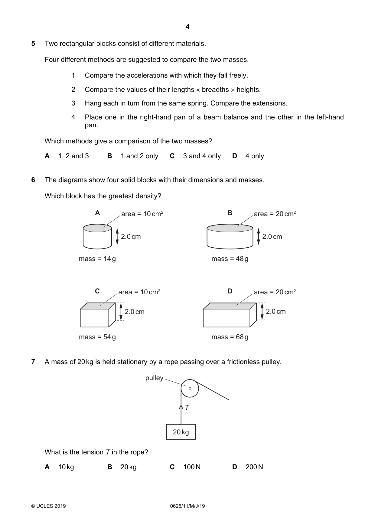 Cambridge IGCSE Physics 0625 2019 May/June Paper 1 · Variant 1 question paper, page 4 of 20