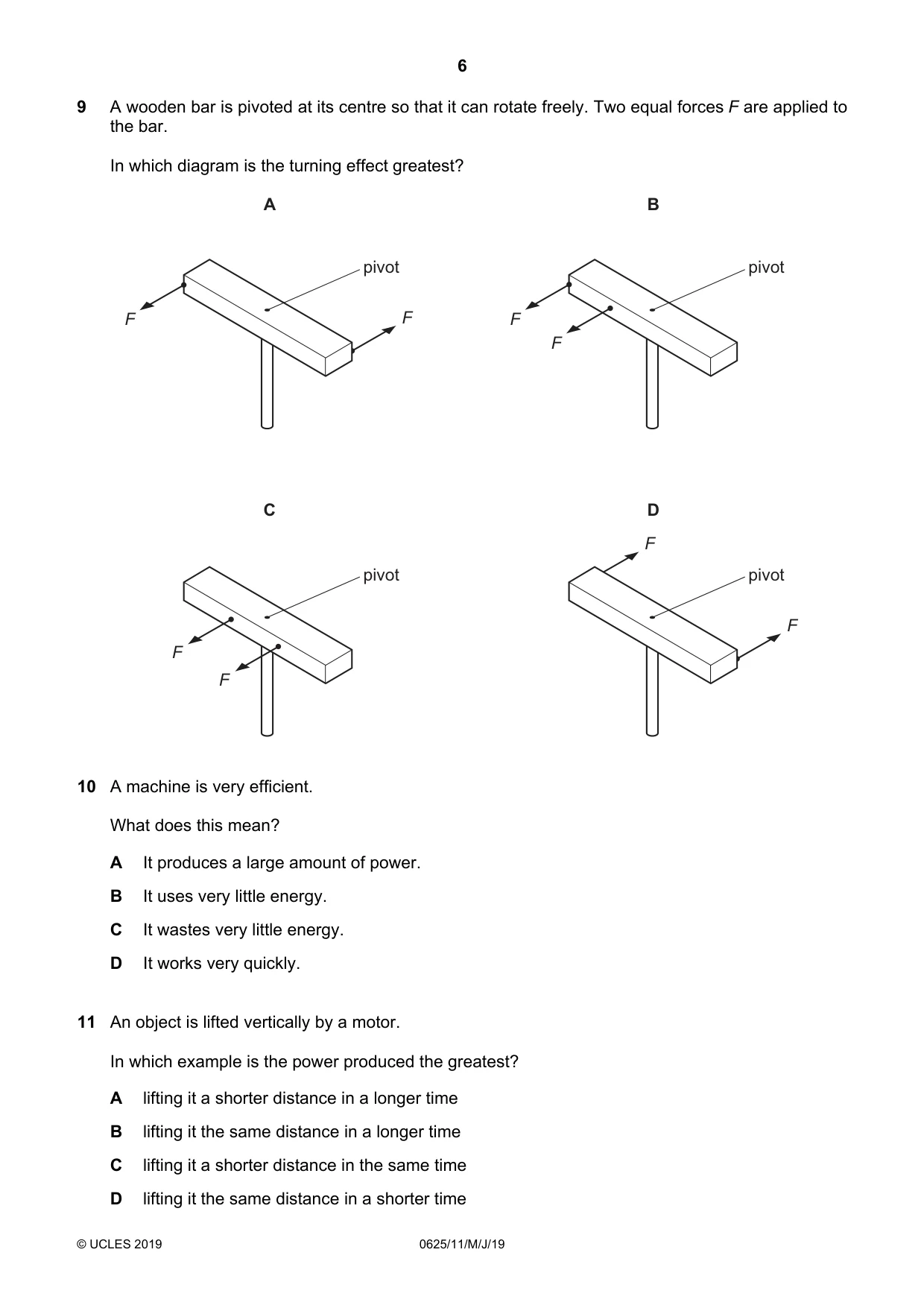 Cambridge IGCSE Physics 0625 2019 May/June Paper 1 · Variant 1 question paper, page 6 of 20