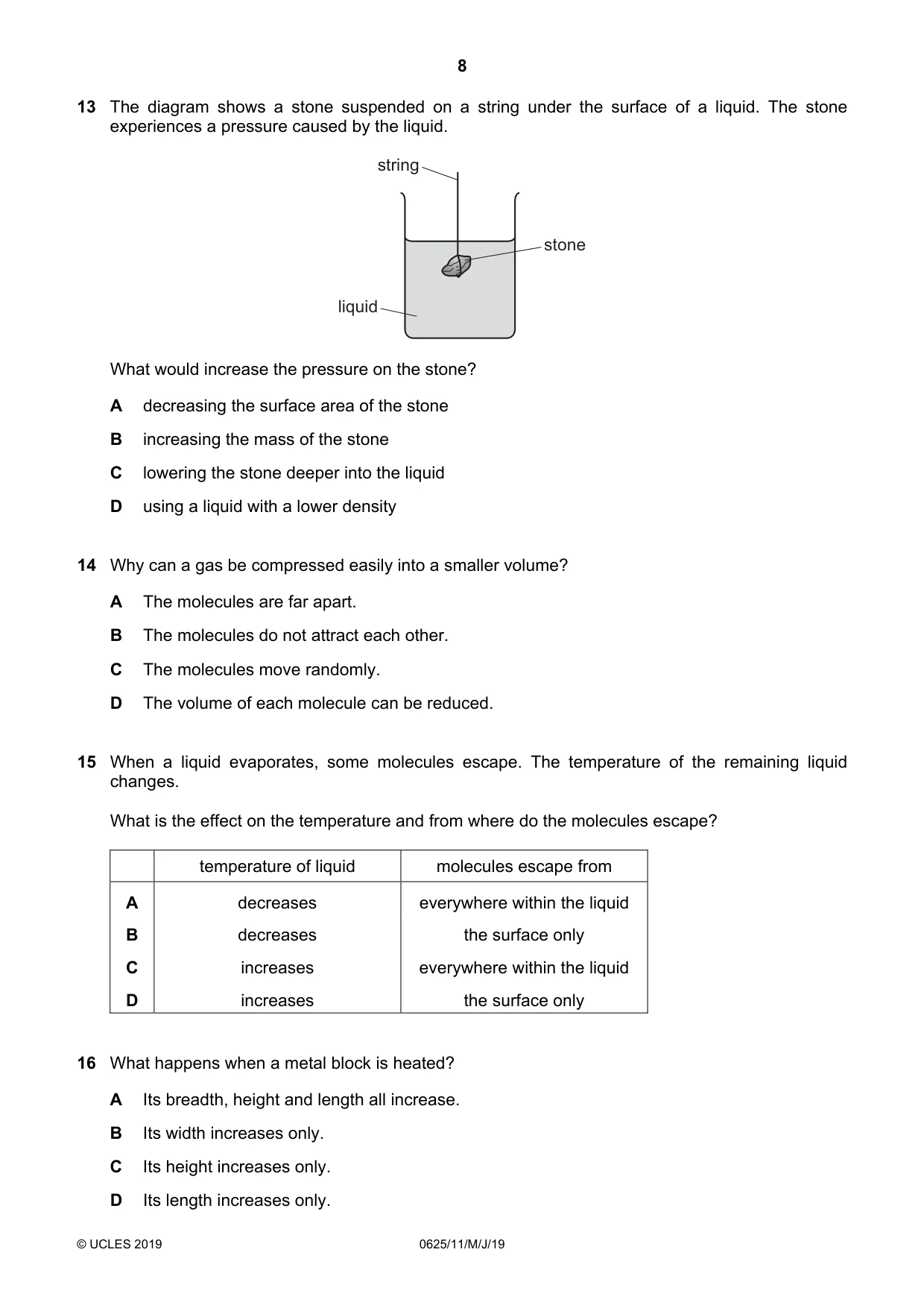 Cambridge IGCSE Physics 0625 2019 May/June Paper 1 · Variant 1 question paper, page 8 of 20