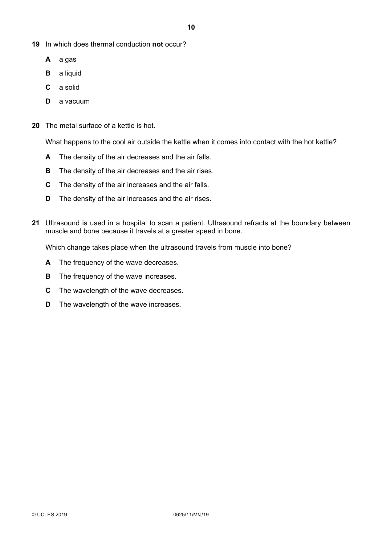 Cambridge IGCSE Physics 0625 2019 May/June Paper 1 · Variant 1 question paper, page 10 of 20