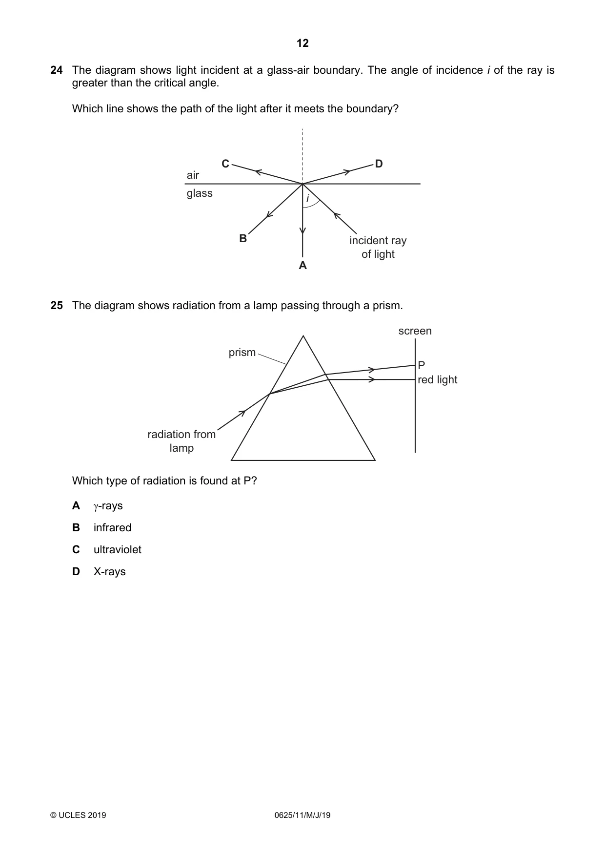 Cambridge IGCSE Physics 0625 2019 May/June Paper 1 · Variant 1 question paper, page 12 of 20