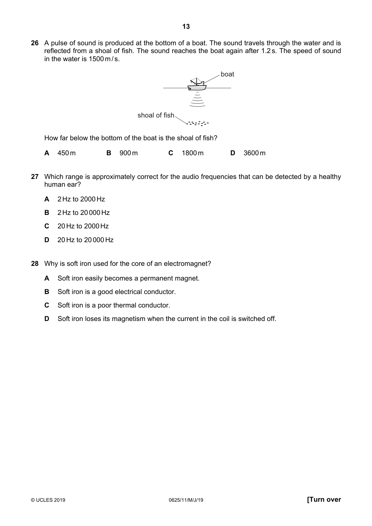 Cambridge IGCSE Physics 0625 2019 May/June Paper 1 · Variant 1 question paper, page 13 of 20