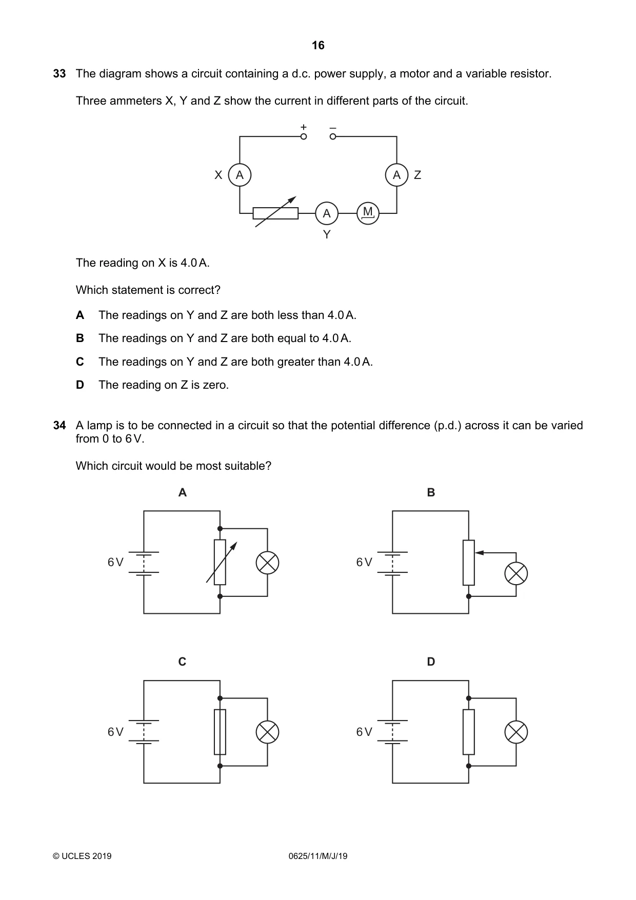 Cambridge IGCSE Physics 0625 2019 May/June Paper 1 · Variant 1 question paper, page 16 of 20