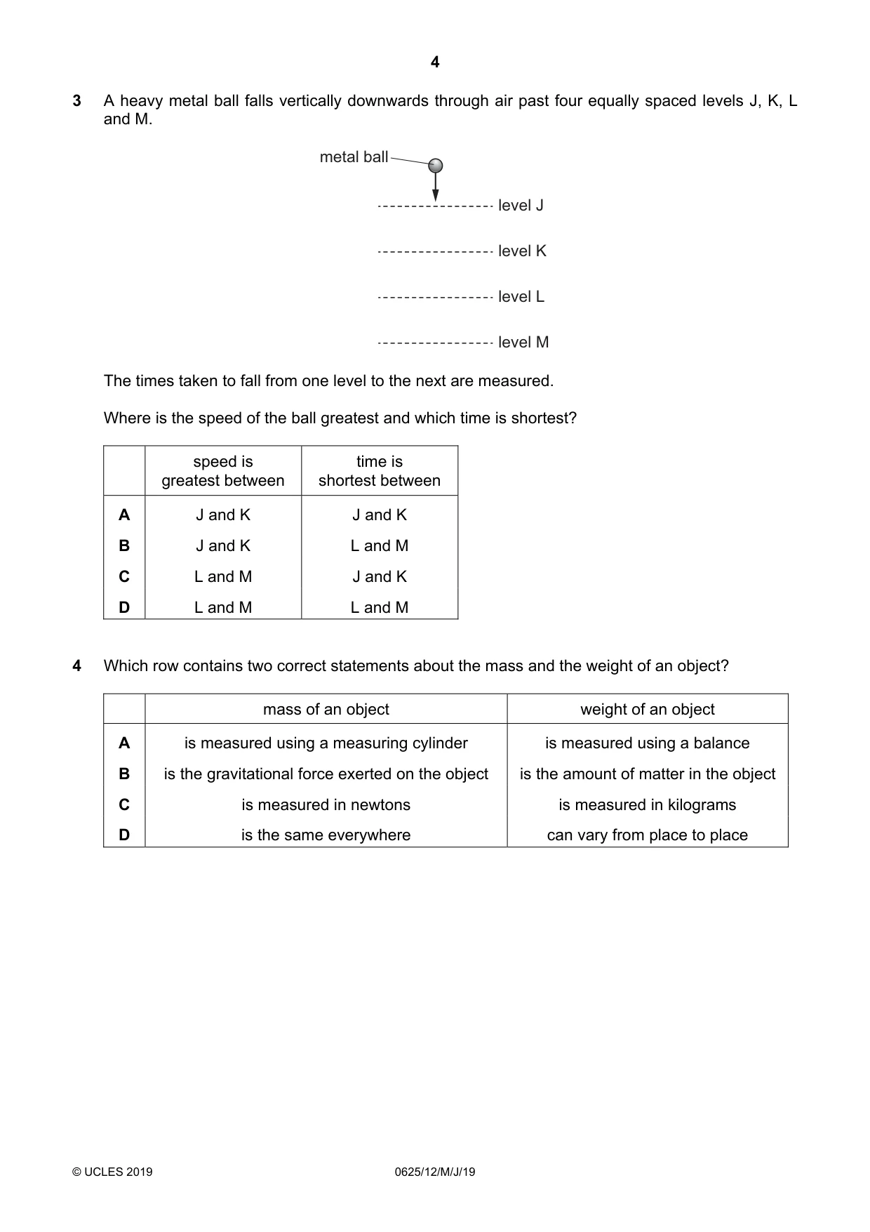 Cambridge IGCSE Physics 0625 2019 May/June Paper 1 · Variant 2 question paper, page 4 of 20