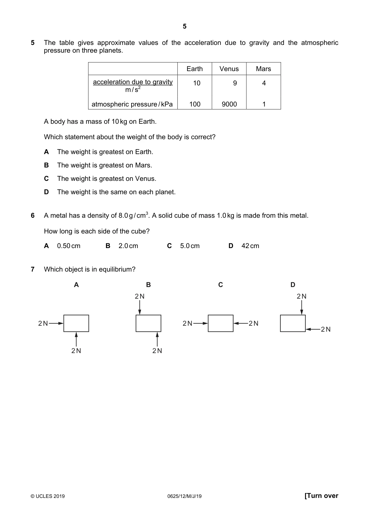 Cambridge IGCSE Physics 0625 2019 May/June Paper 1 · Variant 2 question paper, page 5 of 20
