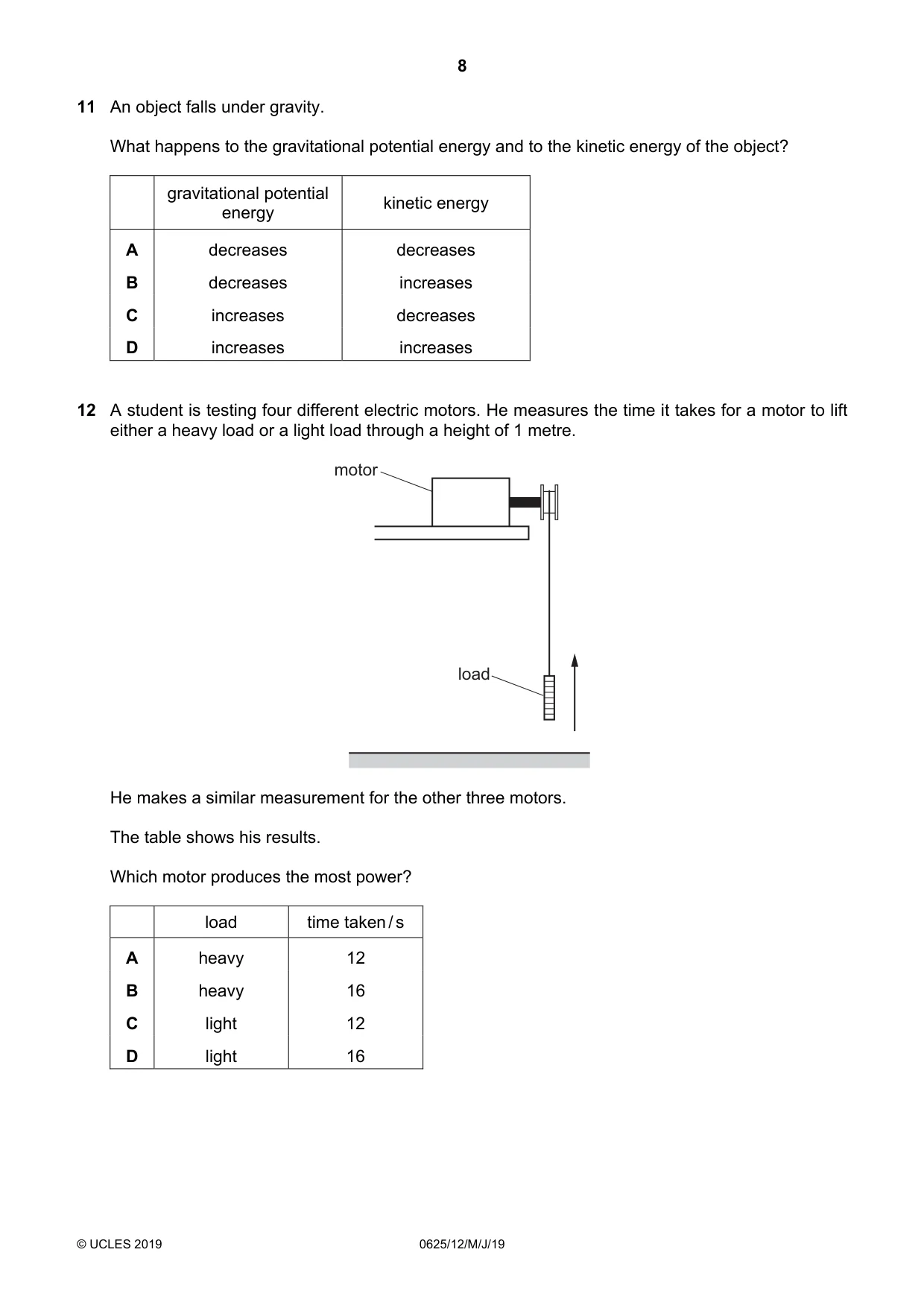 Cambridge IGCSE Physics 0625 2019 May/June Paper 1 · Variant 2 question paper, page 8 of 20