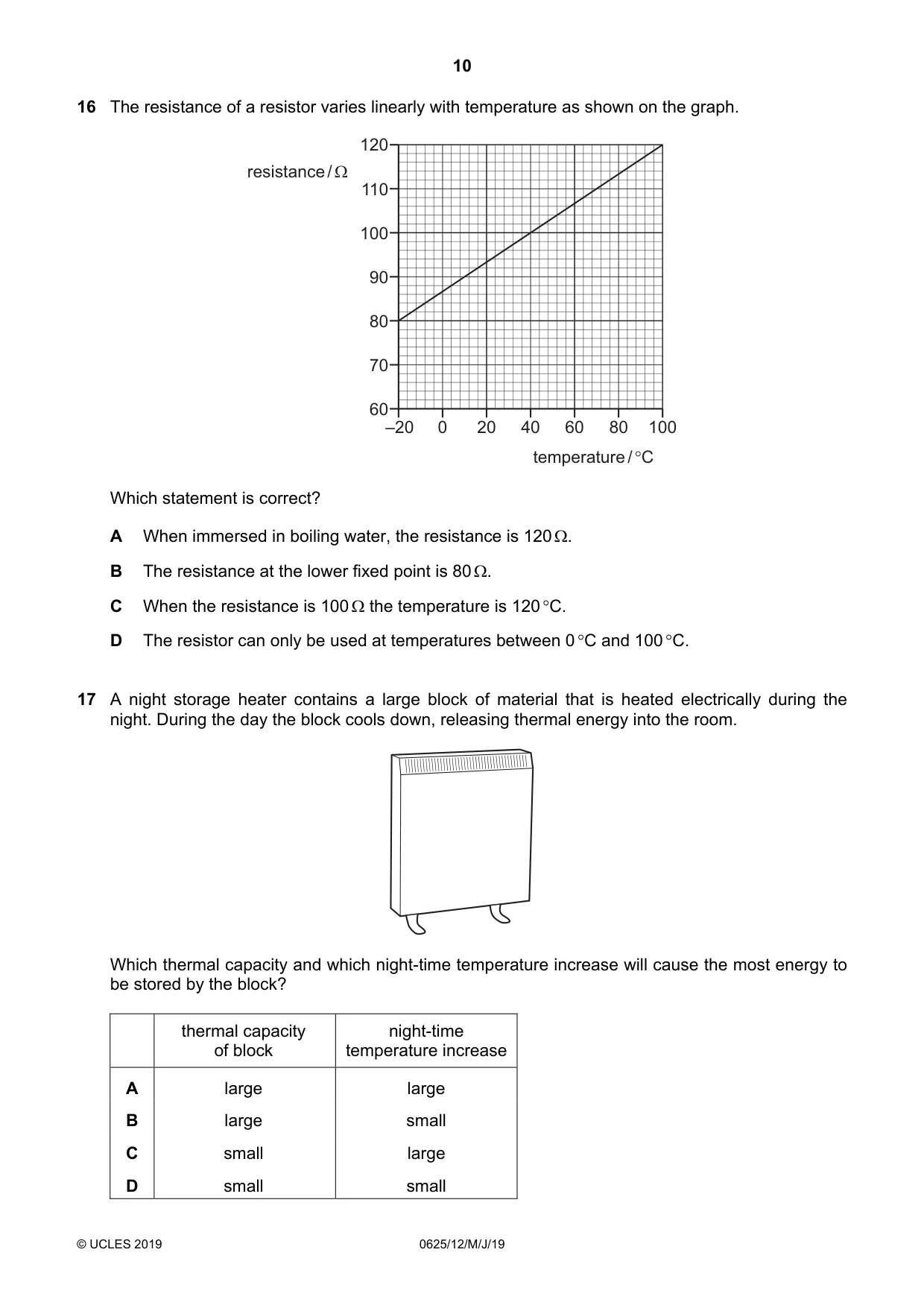 Cambridge IGCSE Physics 0625 2019 May/June Paper 1 · Variant 2 question paper, page 10 of 20