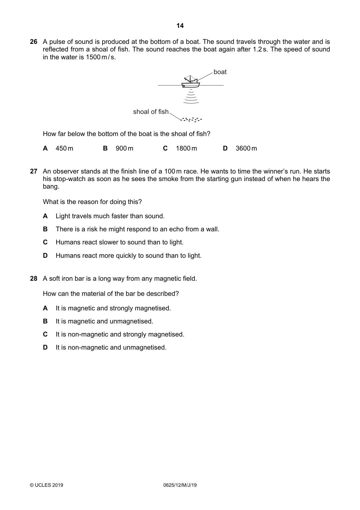 Cambridge IGCSE Physics 0625 2019 May/June Paper 1 · Variant 2 question paper, page 14 of 20