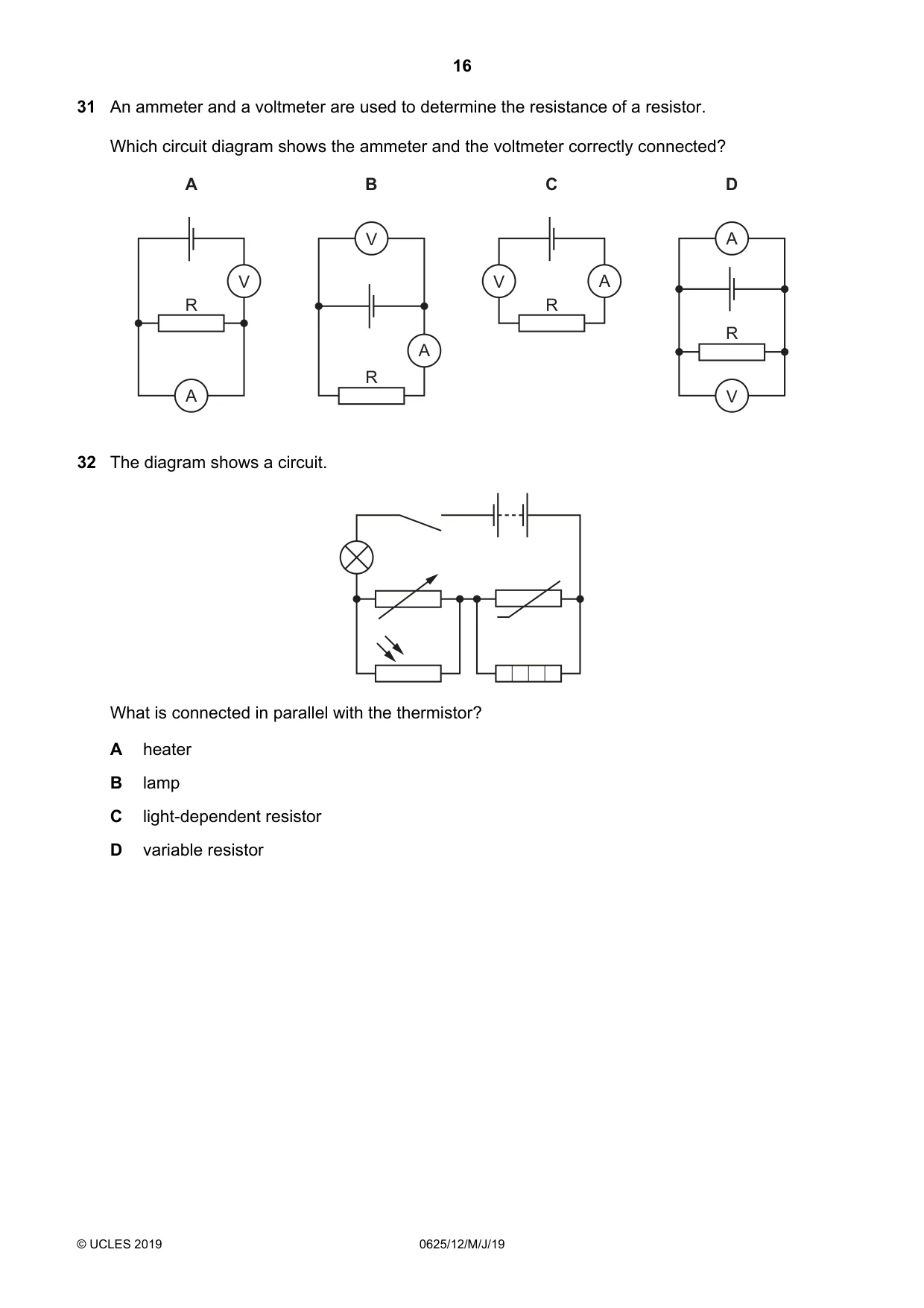 Cambridge IGCSE Physics 0625 2019 May/June Paper 1 · Variant 2 question paper, page 16 of 20