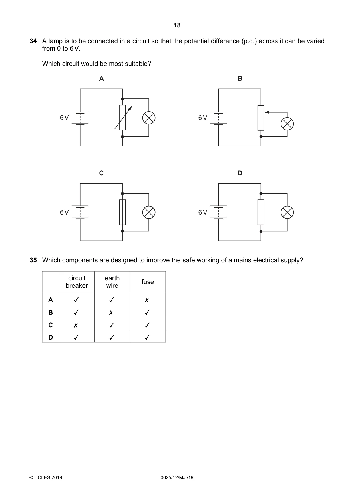 Cambridge IGCSE Physics 0625 2019 May/June Paper 1 · Variant 2 question paper, page 18 of 20
