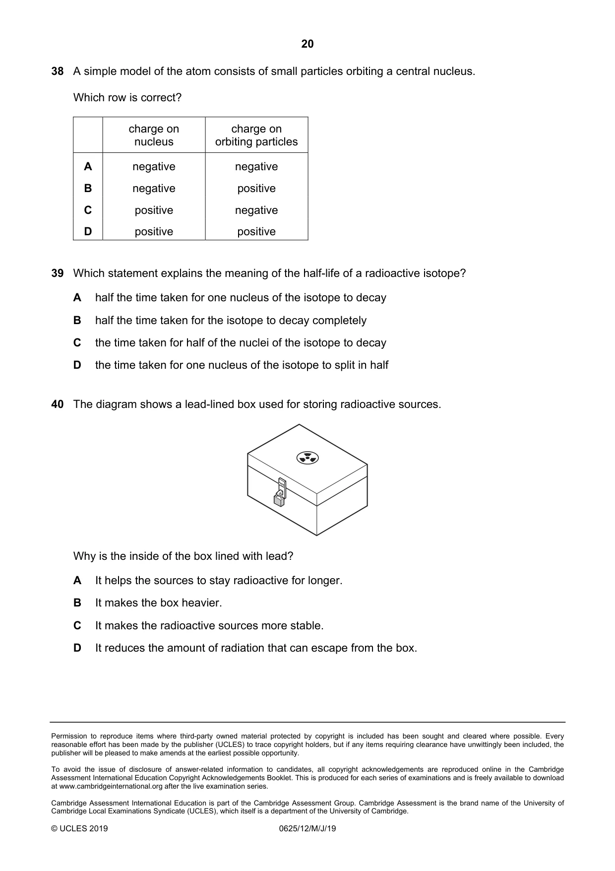 Cambridge IGCSE Physics 0625 2019 May/June Paper 1 · Variant 2 question paper, page 20 of 20