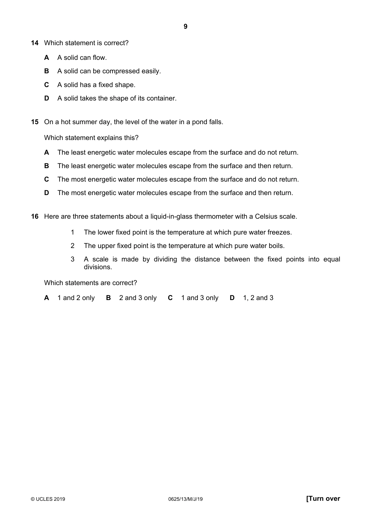 Cambridge IGCSE Physics 0625 2019 May/June Paper 1 · Variant 3 question paper, page 9 of 20
