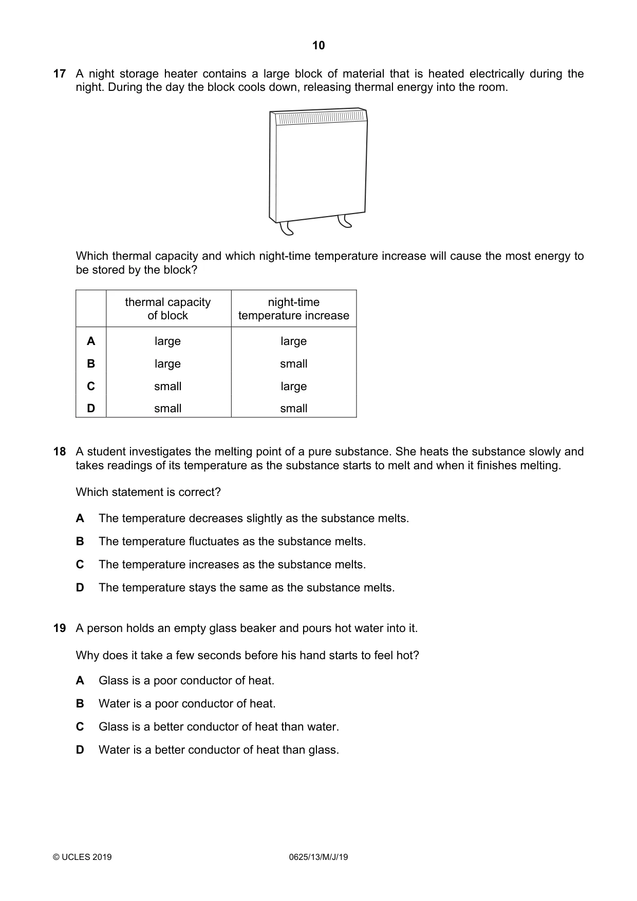 Cambridge IGCSE Physics 0625 2019 May/June Paper 1 · Variant 3 question paper, page 10 of 20