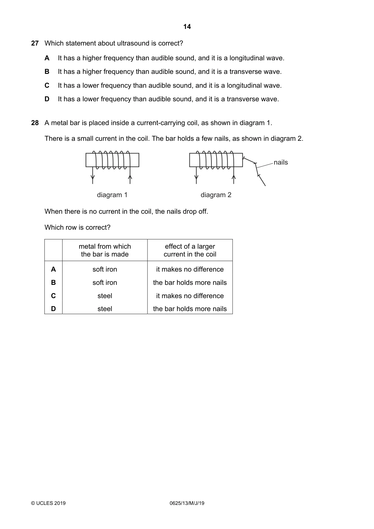 Cambridge IGCSE Physics 0625 2019 May/June Paper 1 · Variant 3 question paper, page 14 of 20