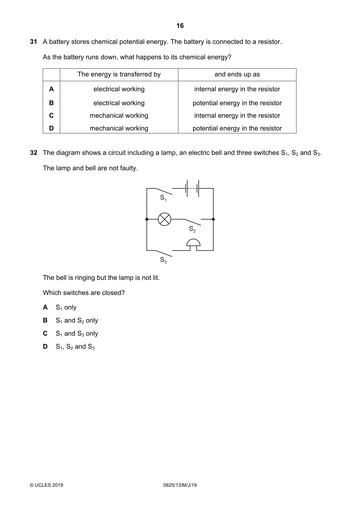 Cambridge IGCSE Physics 0625 2019 May/June Paper 1 · Variant 3 question paper, page 16 of 20