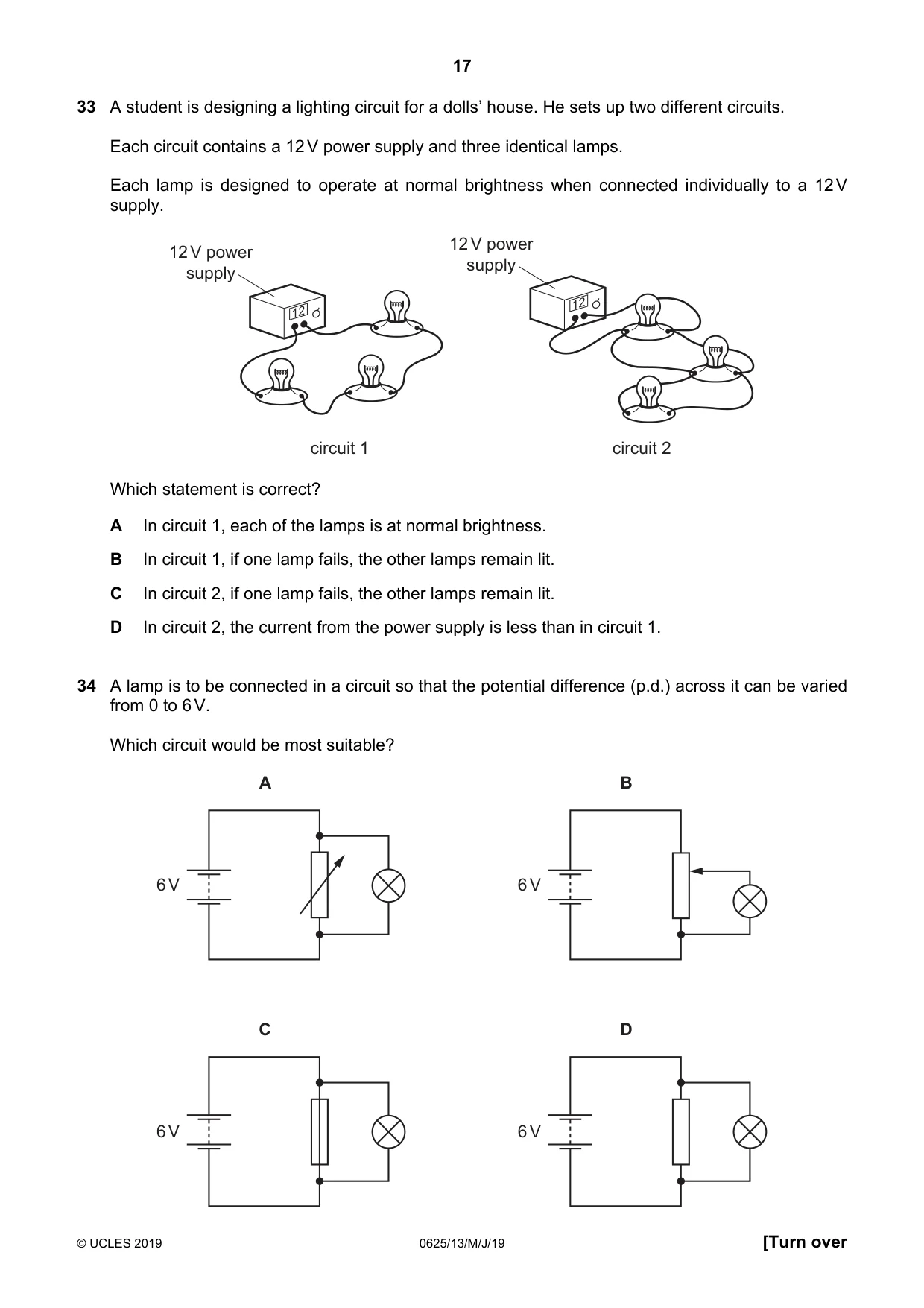 Cambridge IGCSE Physics 0625 2019 May/June Paper 1 · Variant 3 question paper, page 17 of 20