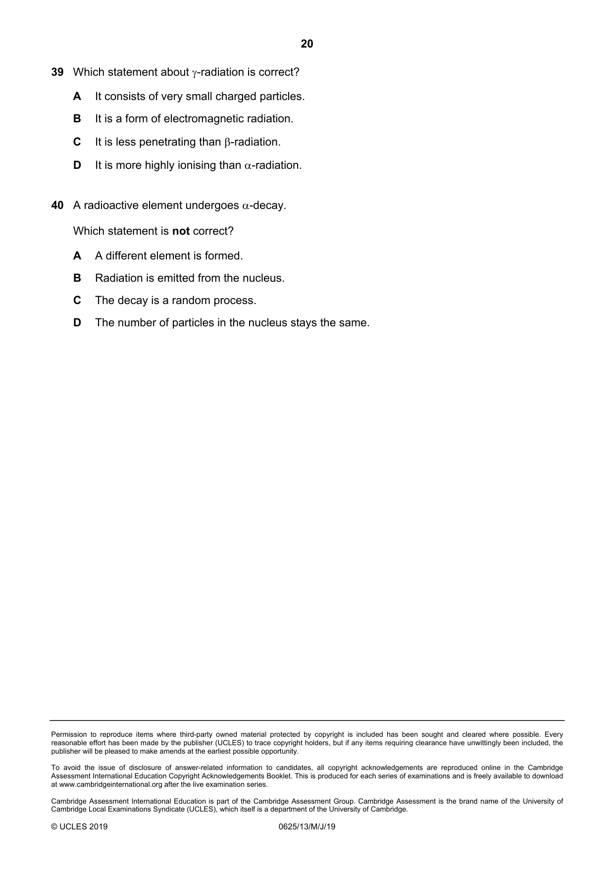 Cambridge IGCSE Physics 0625 2019 May/June Paper 1 · Variant 3 question paper, page 20 of 20