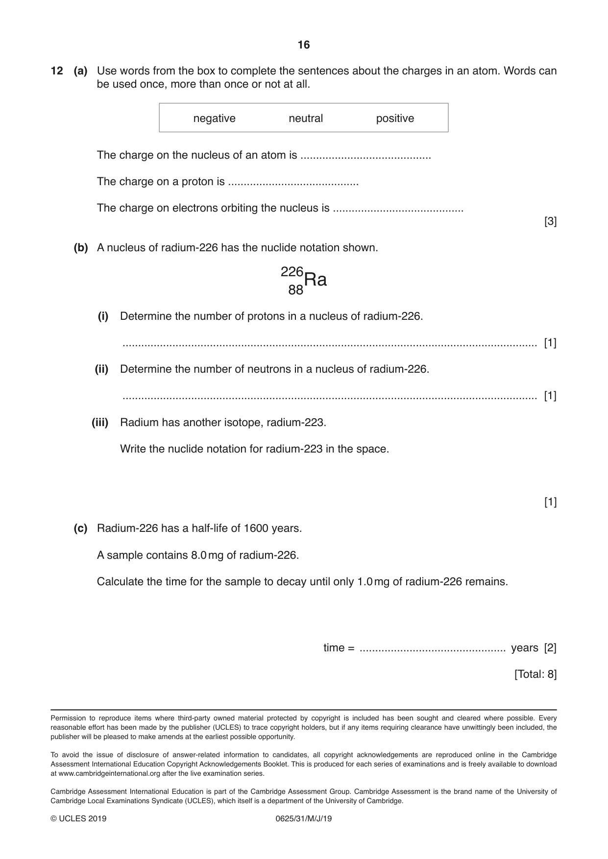 Cambridge IGCSE Physics 0625 2019 May/June Paper 3 · Variant 1 question paper, page 16 of 16