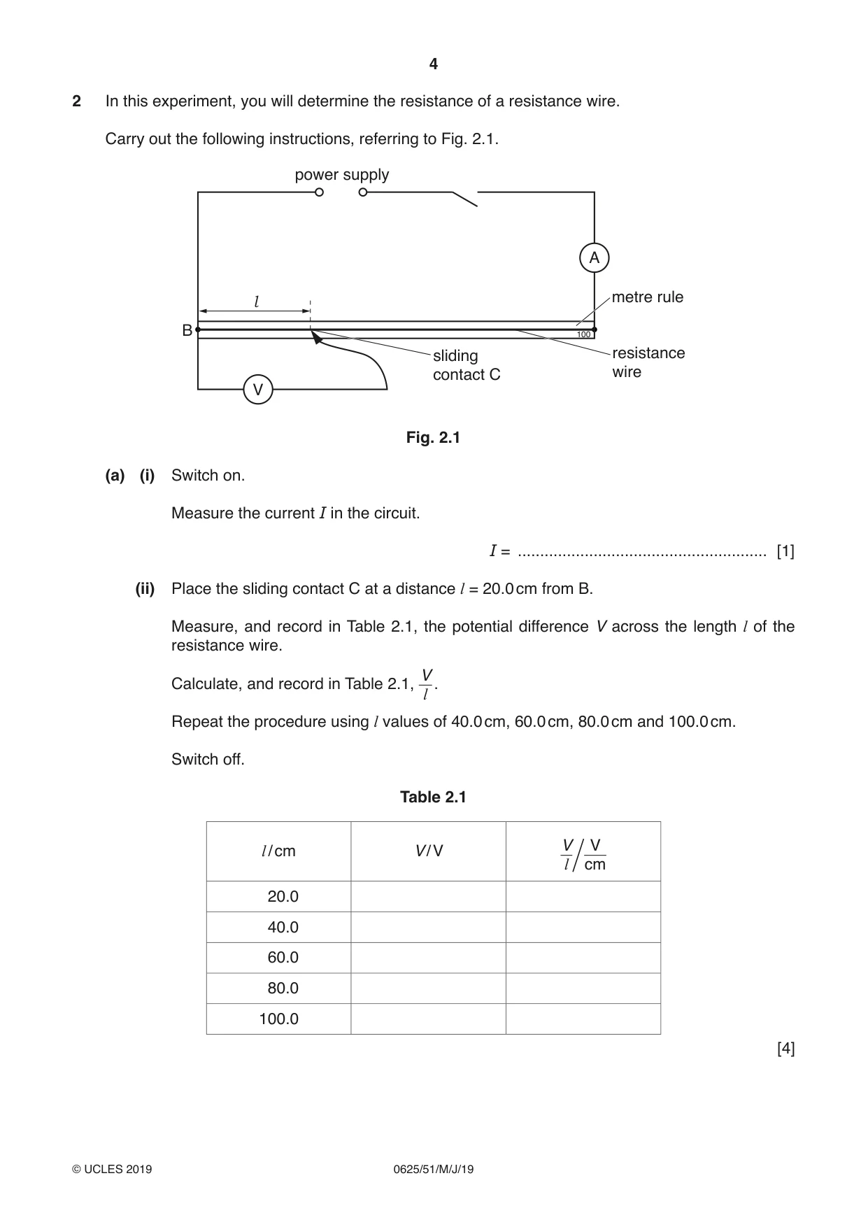 Cambridge IGCSE Physics 0625 2019 May/June Paper 5 · Variant 1 question paper, page 4 of 12
