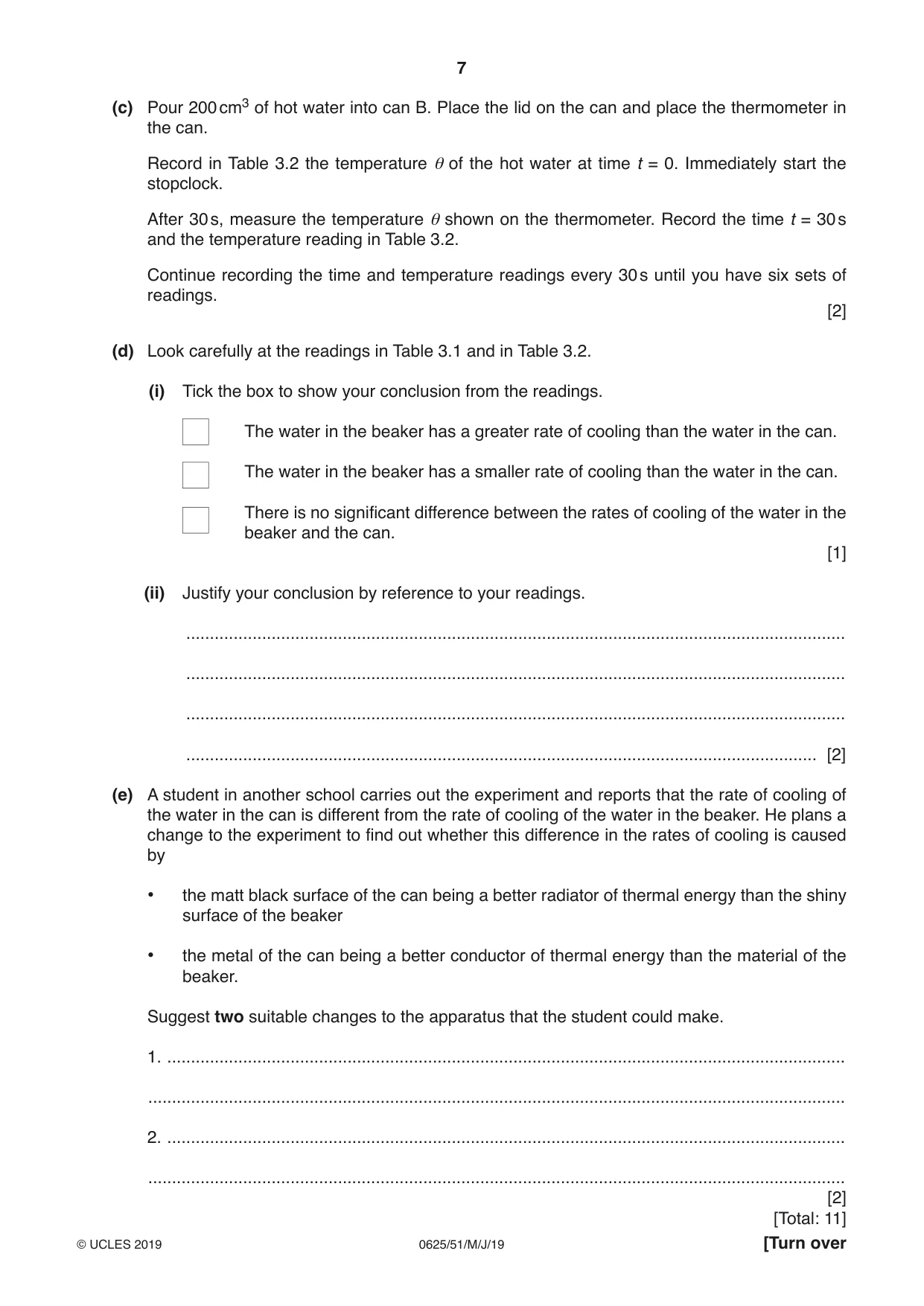 Cambridge IGCSE Physics 0625 2019 May/June Paper 5 · Variant 1 question paper, page 7 of 12