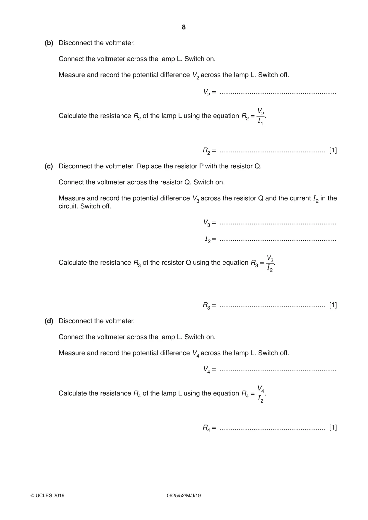Cambridge IGCSE Physics 0625 2019 May/June Paper 5 · Variant 2 question paper, page 8 of 12