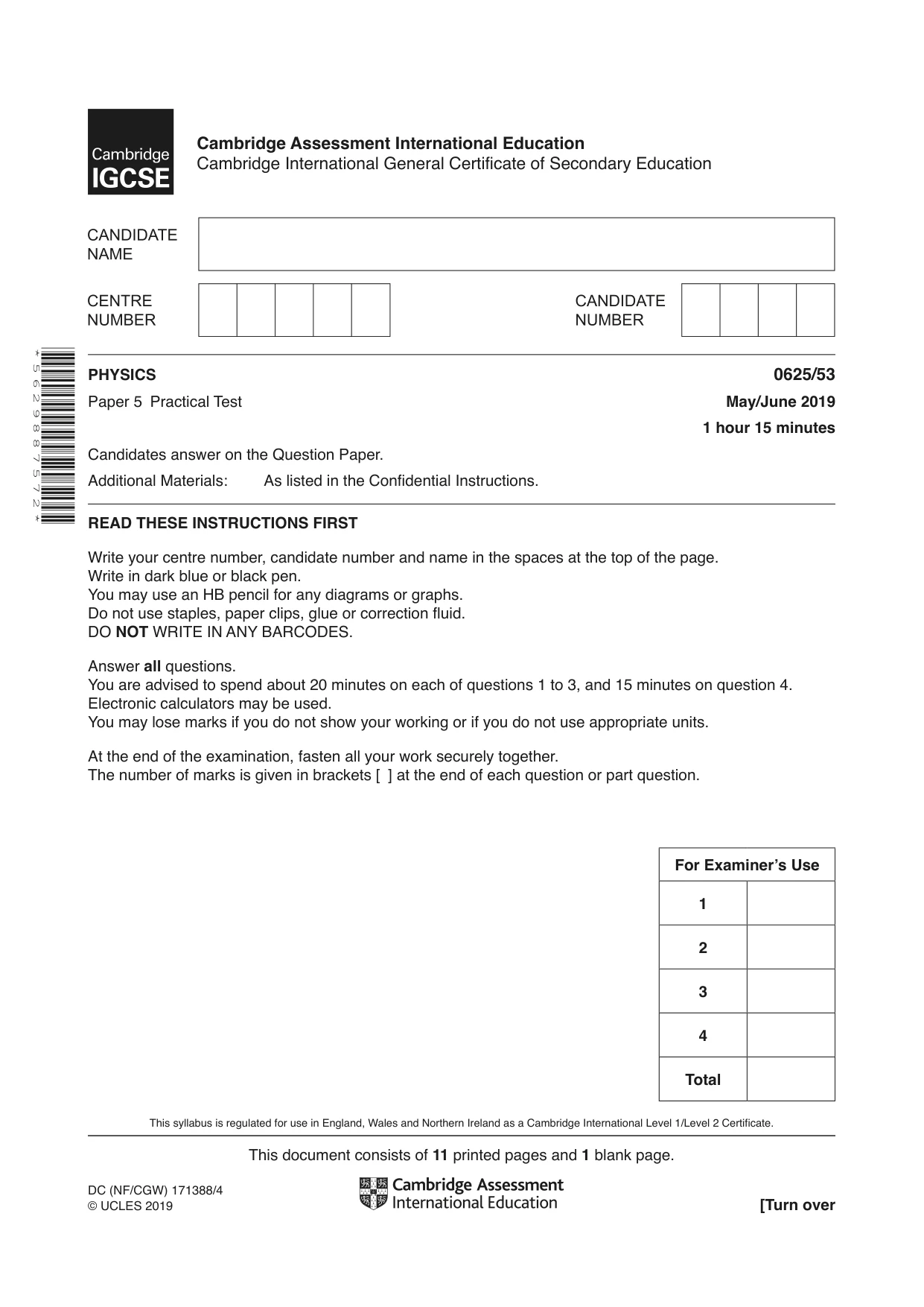 Cambridge IGCSE Physics 0625 2019 May/June Paper 5 · Variant 3 question paper, page 1 of 12