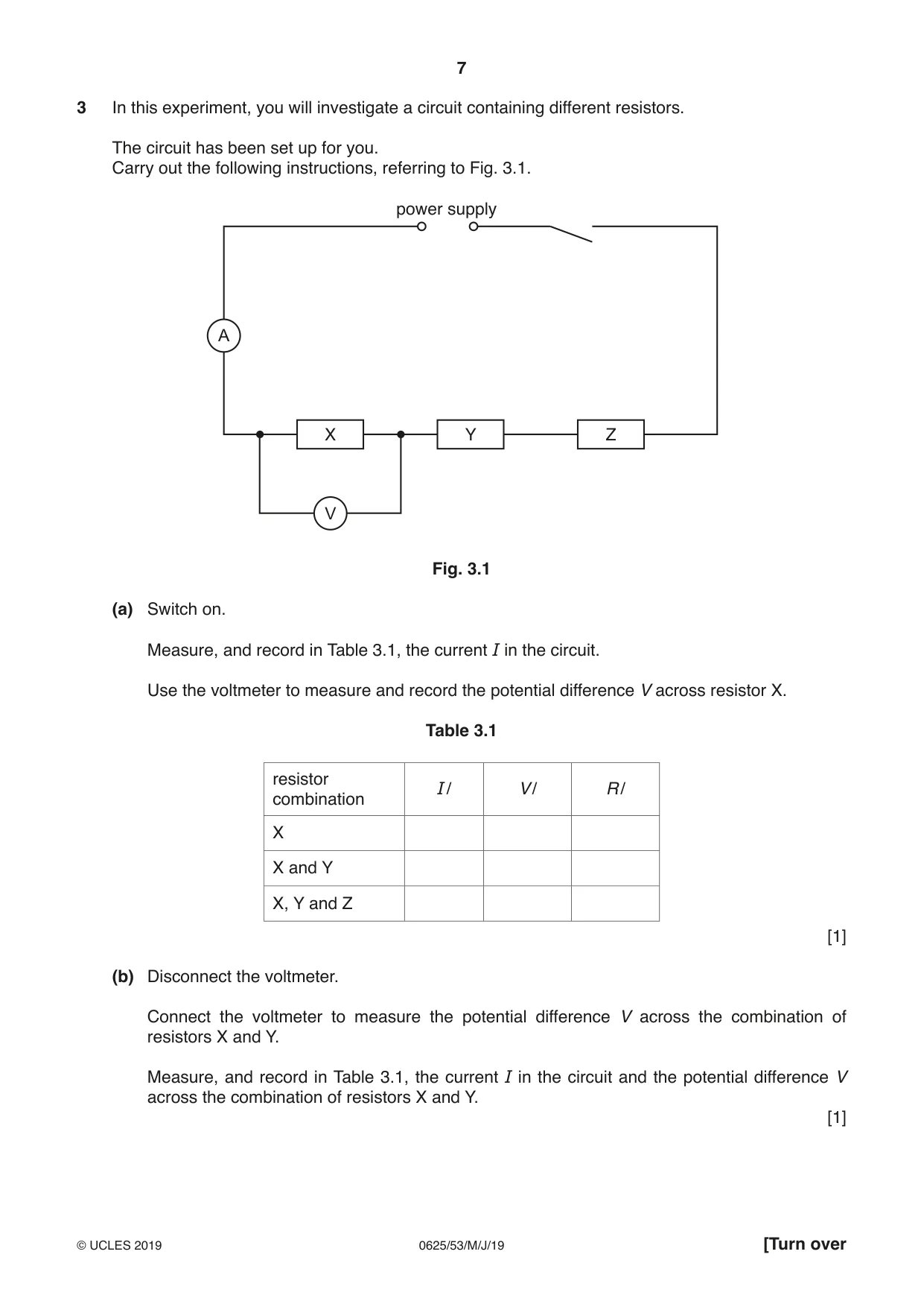 Cambridge IGCSE Physics 0625 2019 May/June Paper 5 · Variant 3 question paper, page 7 of 12