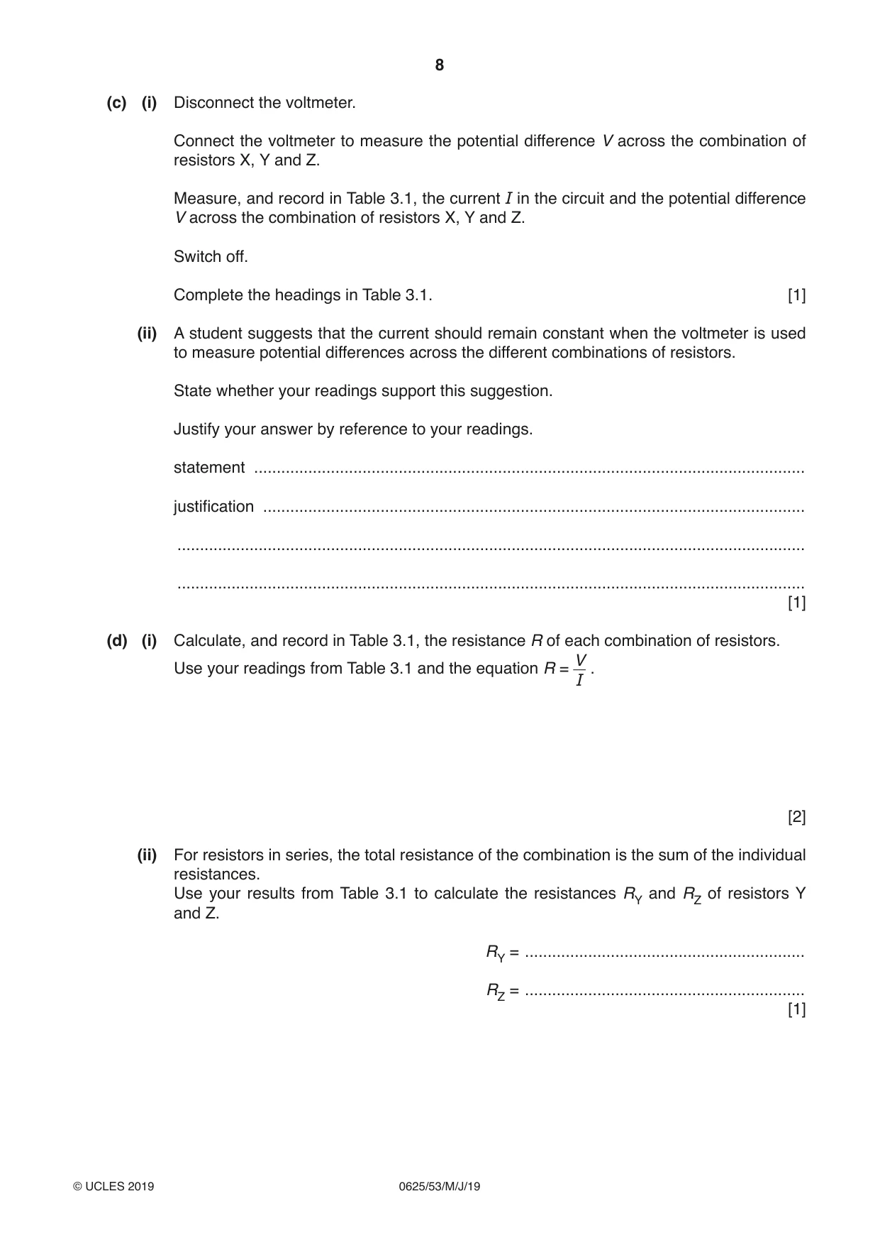 Cambridge IGCSE Physics 0625 2019 May/June Paper 5 · Variant 3 question paper, page 8 of 12