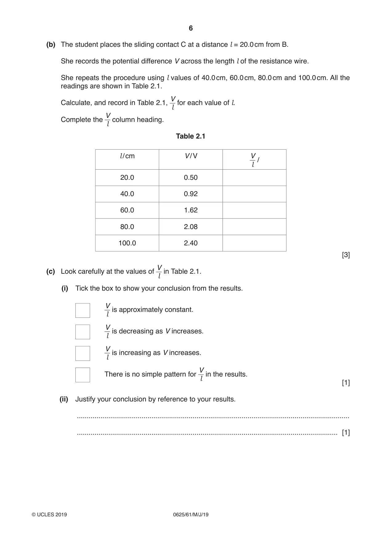 Cambridge IGCSE Physics 0625 2019 May/June Paper 6 · Variant 1 question paper, page 6 of 12