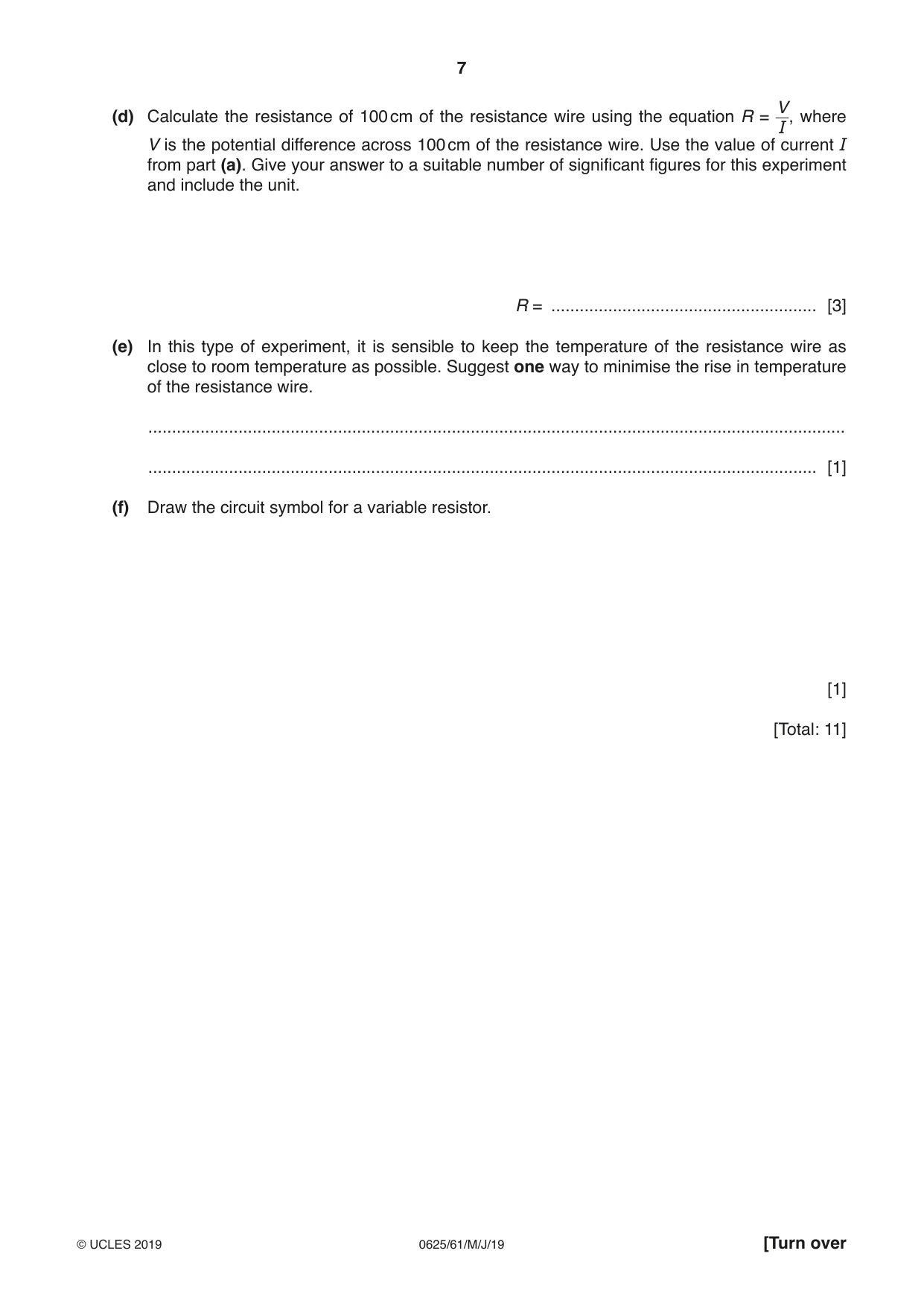 Cambridge IGCSE Physics 0625 2019 May/June Paper 6 · Variant 1 question paper, page 7 of 12