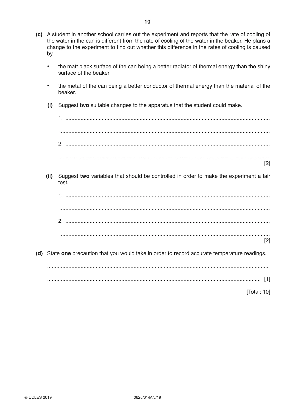 Cambridge IGCSE Physics 0625 2019 May/June Paper 6 · Variant 1 question paper, page 10 of 12