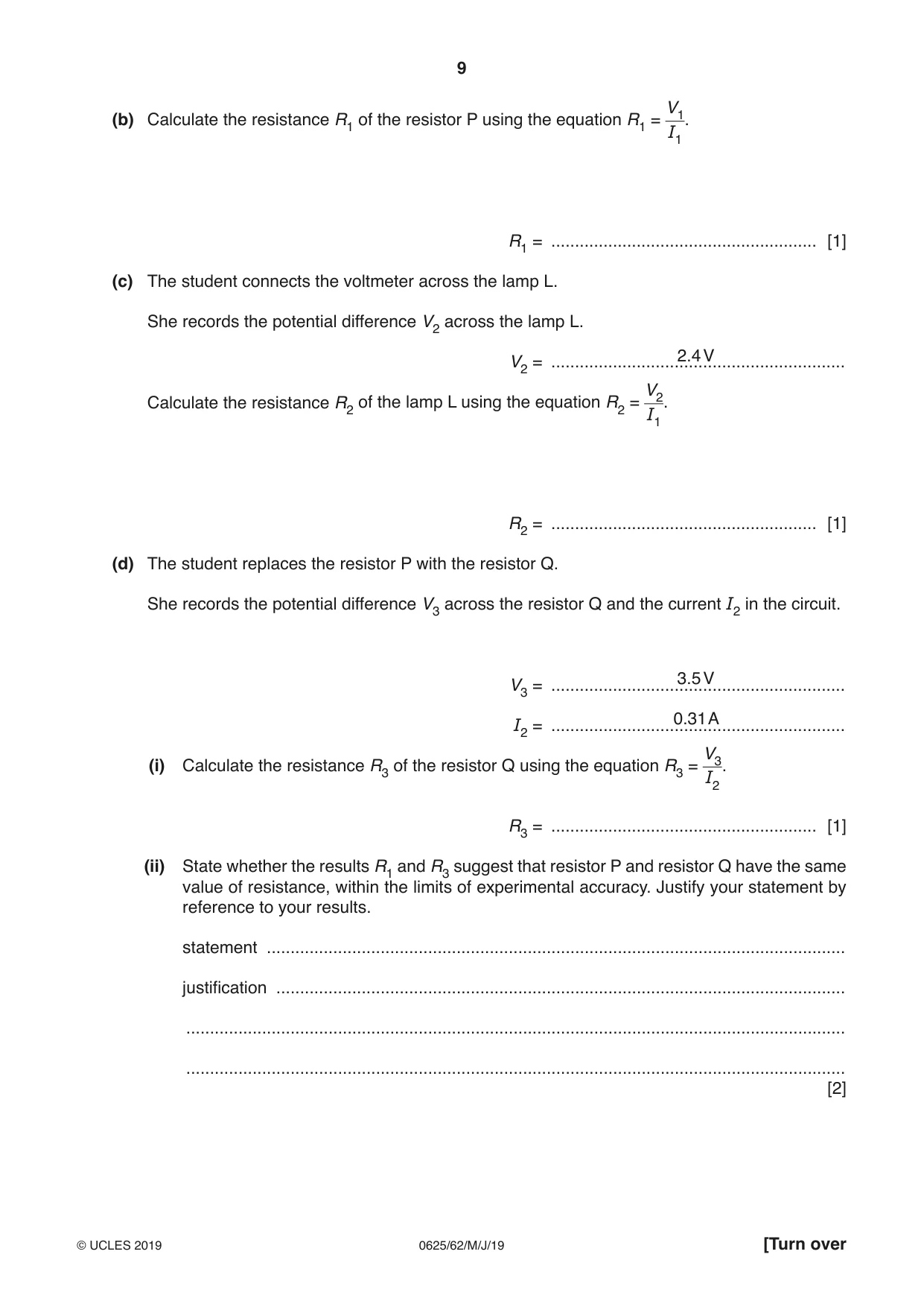 Cambridge IGCSE Physics 0625 2019 May/June Paper 6 · Variant 2 question paper, page 9 of 12