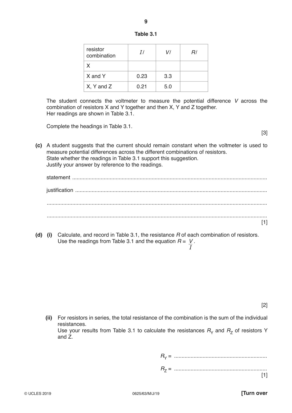 Cambridge IGCSE Physics 0625 2019 May/June Paper 6 · Variant 3 question paper, page 9 of 12