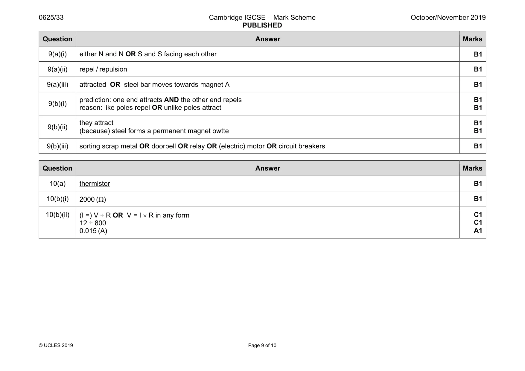 Mark scheme, page 9 of 10